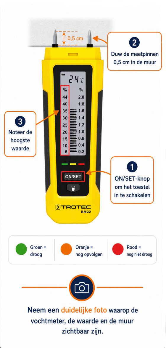 Uitleg voor de Trotec BM22 vochtmeter met ON/SET-knop, meetpinnen en hoogste waarde